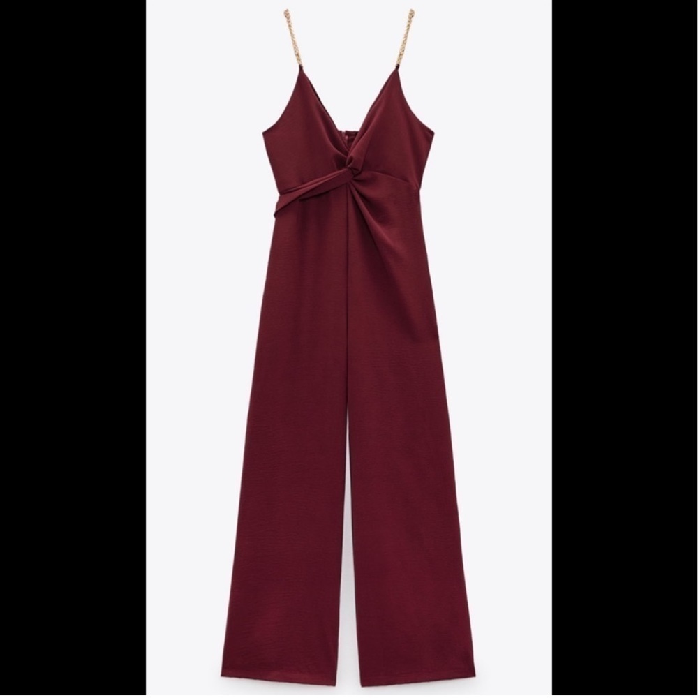 Zara Chain Strap Knotted Jumpsuit in Burgundy Size Medium - Picture 6 of 8